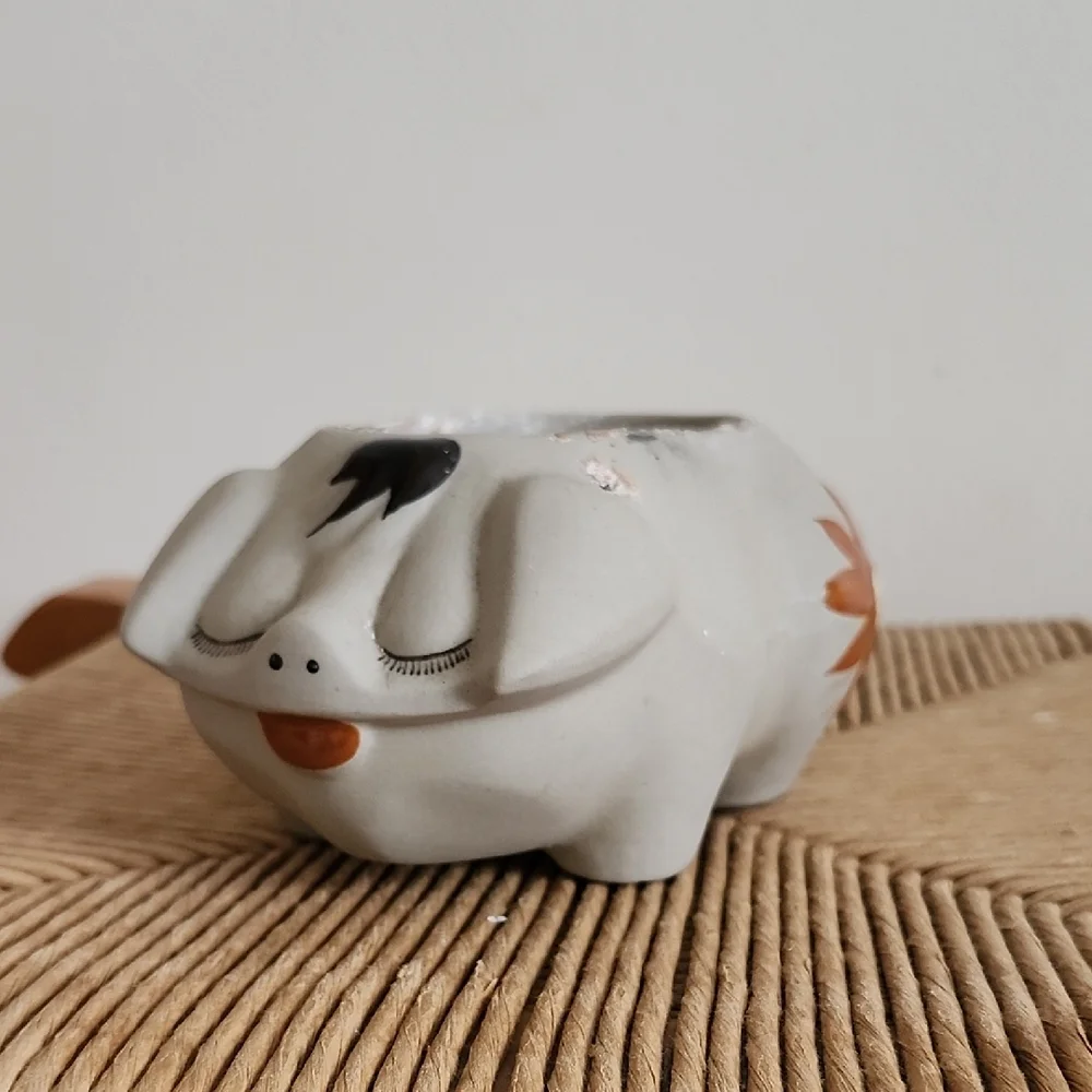 Ceramic Hanging Pig Planter in Gray With Orange Flowers
